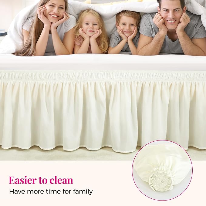 RIMELA Cream Bed Skirt King Size 12 Inch Drop, Wrap Around Elastic Adjustable Bedskirt, Soft Durable Fabric Machine Washable Easy to Install Bed skirting Dust Ruffle for Bed Frame & Box Spring