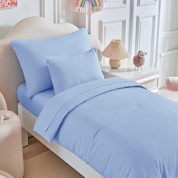 Toddler Bedding Set - 5 Piece Soft and Breathable Toddler Bed Set for Boys and Girls, Includes Quilted Comforter, Fitted Sheet, Flat Top Sheet, Standard Pillowcase and Toddler Pillowcase, Light Blue