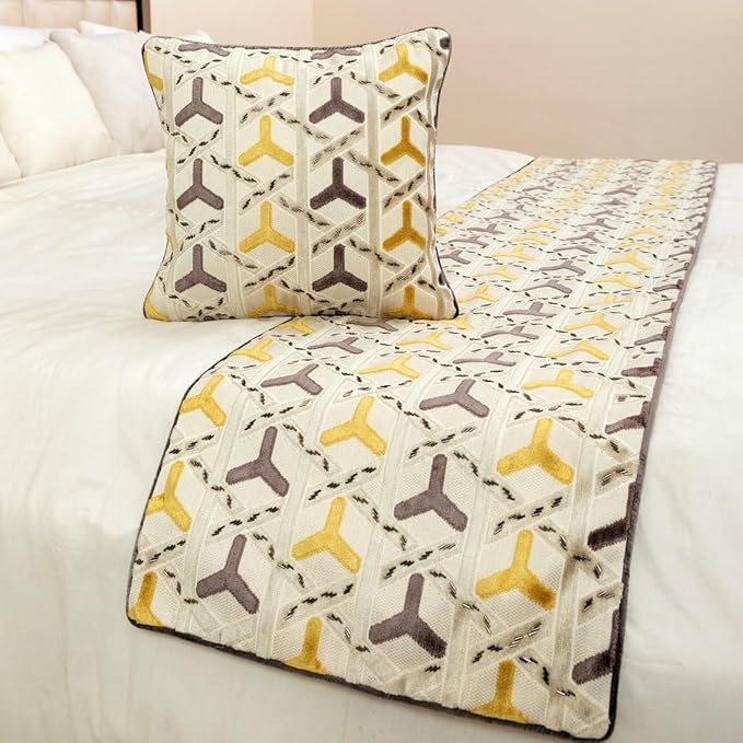 The HomeCentric King/Queen/Twin Grey & Yellow Designer CA King 86"x18" Bed Runner with Pillow Cover, Beaded Bed Scarf on Velvet Fabric - Tripod