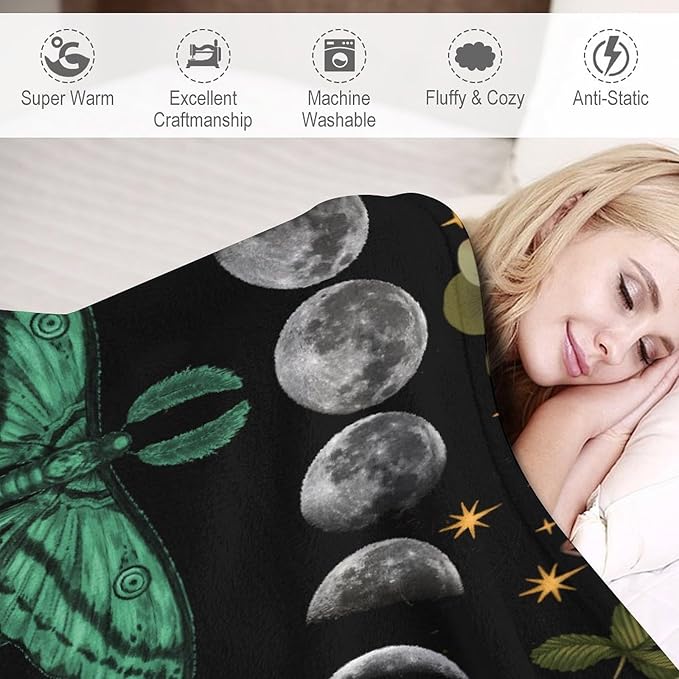 Moon Phase Moth Blanket, Vintage Botanical Mushroom Wildflower Gothic Night Moonlit Mysterious Witchy Throws Blanket for Sofa Bed Couch Chair, 30"x40"