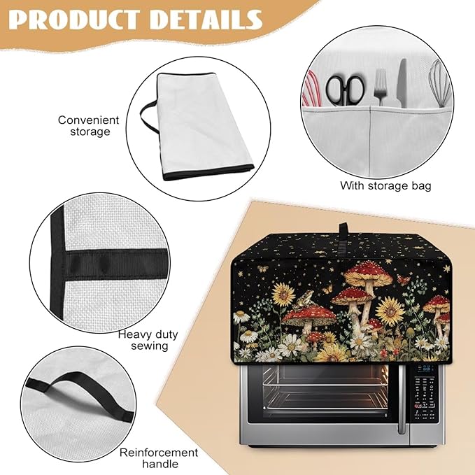 Microwave Oven Dust Cover Waterproof Toaster Oven Cover Foldable Polyester-Linen Small Appliance Dust Covers Suitable with Storage Bags, Mushroom Sunflower Daisy Star Butterfly Print, L