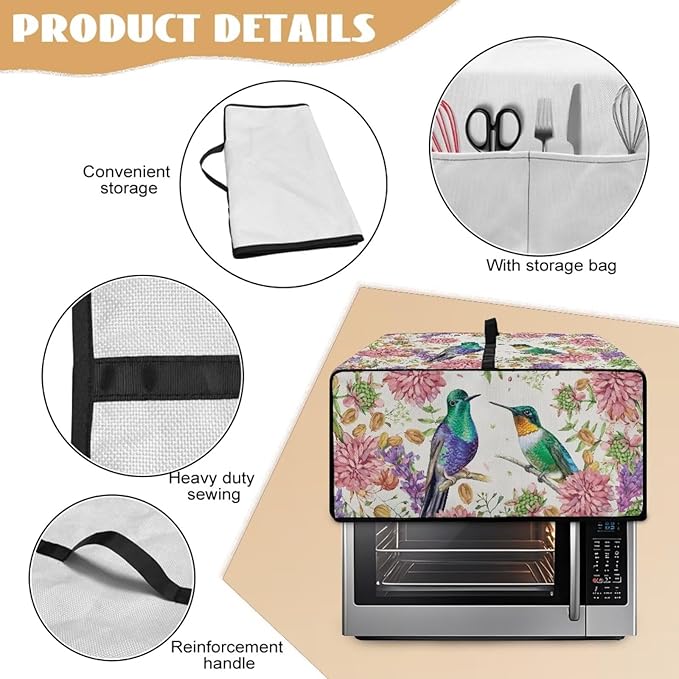 Watercolor Flower Hummingbird Print Microwave Oven Cover Dust-Proof Microwave Toaster Oven Cover Waterproof Foldable Kitchen Appliance Protector Suitable for Most Microwave Ovens, L