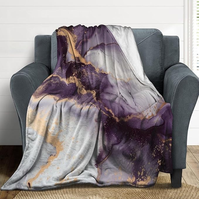 Modern Marble Blanket, Abstract Luxury Baroque Golden Purple White Stone Veins Pattern Soft Warm Cozy Plush Flannel Covers for Livingroom Bedroom Couch Chair Camping Travel Home Decor Tapestry 60x80in