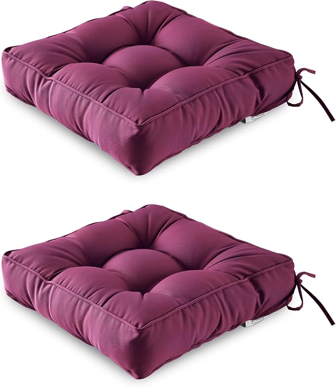 ARTPLAN Outdoor Seat Cushion,Square Thick Tufted Pure Chair Cushion for Patio Wicker Chair with Tie,Set of 2,19"x19"x5"，Plum