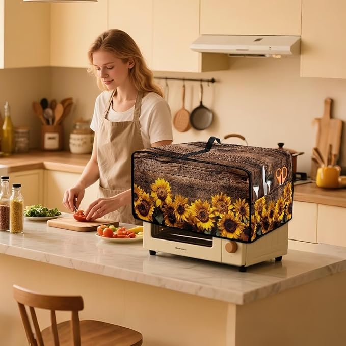 Microwave Oven Cover Vintage Sunflower Wood Grain Print Waterproof Toaster Oven Dustproof Cover Large Size Kitchen Appliance Protector with Storage Bag Machine Washable, M