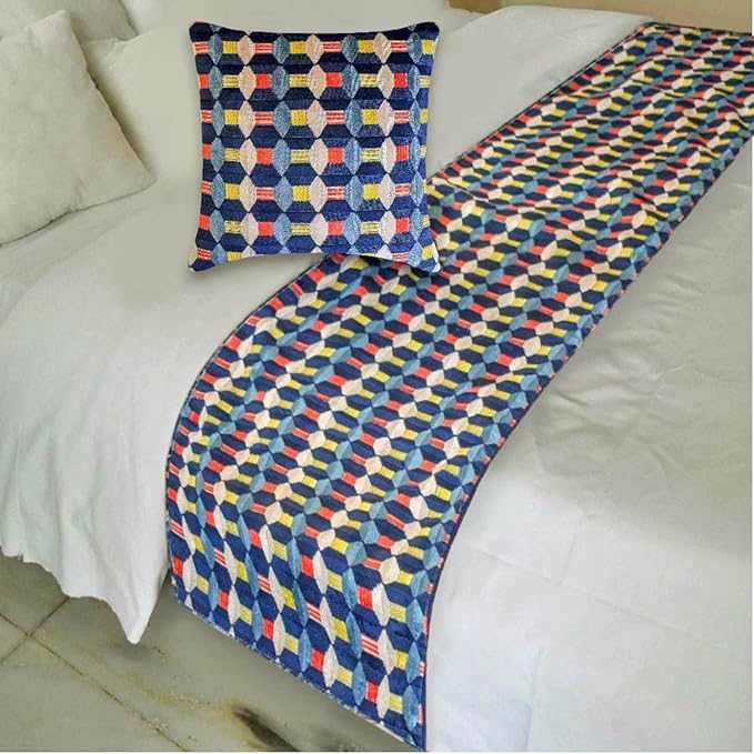 The HomeCentric Blue Bed Runner for King/Queen/Twin Velvet Decorative Bed Scarf 53"x18" Bed Runner Without Pillow Cover, Geometric Bed Scarf Bedroom Décor Accent - Blue Patterns