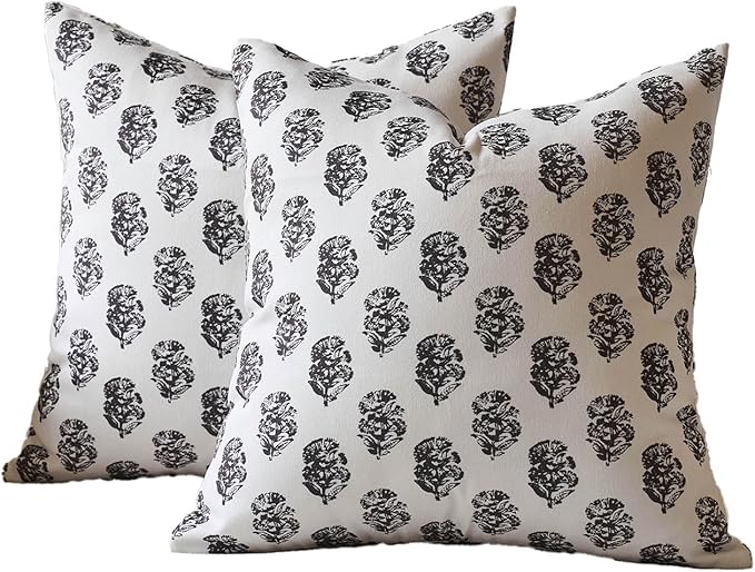DOMVITUS Set of 2 Floral Pillow Covers 18x18, Block Print Pillow Covers Vintage Neutral Decorative Farmhouse Throw Pillow Covers for Couch Bed Living Room Black