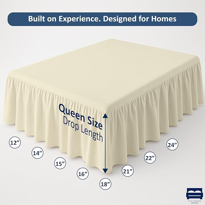 Ruffled Bed Skirt with Split Corners-Dust Ruffle - 15" Drop 100% Microfiber Soft,Sheen & Luxurious Look - Bed Skirts (Ivory -Queen)