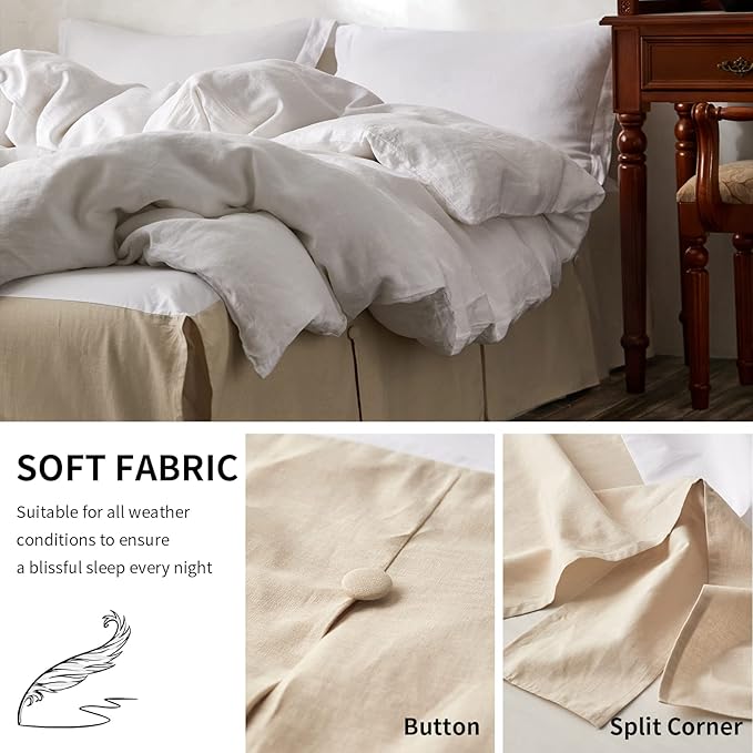 BISELINA French Linen Bed Skirt Split Corner with Button 18-Inch Tailored Drop Natural Flax Cotton Blend Basic Dust Ruffle Soft Cozy (18" King,Button Linen)