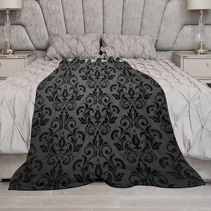 Black Damask Blanket, Antique Victorian Style Gothic Vintage Black Floral Bohemian Exotic Print Blanket for Sofa Bed Decor Fuzzy Blanket Twin, 50"x60"