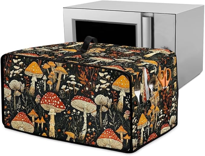 Dustproof Toaster Oven Cover Polyester-Linen Fabric Microwave Oven Dust Cover Foldable Kitchen Appliance Protector Dirt and Fingerprint Protection, Vintage Mushroom Plant Print, S