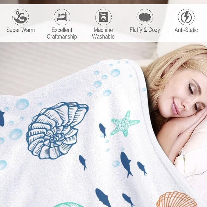 Nautical Coastal Blanket, Starfish Seashell Coral Beach Themed Drapes Ocean Orange Blue Teal Conch Print Throw Blankets for Sofa Couch Bed Room Birthday Decor, 40"x50"