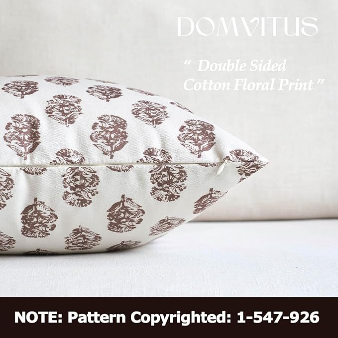 DOMVITUS Set of 2 Floral Pillow Covers 24x24, Block Print Pillow Covers Vintage Neutral Decorative Farmhouse Throw Pillow Covers for Couch Bed Living Room Brown