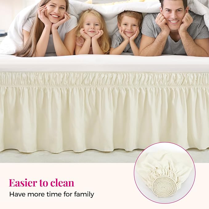 RIMELA Ivory Bed Skirt Queen Size 18 Inch Drop, Elastic Bed Skirting for Bed Base and Frame, Bedding Dust Ruffle Easy to Install, Lightweight Wrap Around Adjustable Bedskirt
