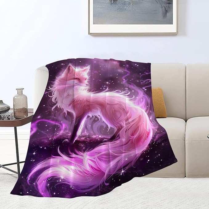 Pink Fox Throw Blanket Fox Blankets Gifts for Couch Sofa Bed Stuff Decor Soft Cozy Lightweight Fleece Flannel Bedding for Lover Men Women Girls Adults 60"x80"