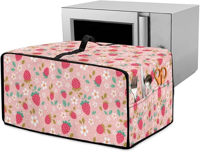 Pink Strawberry Cherry Blossom Print Microwave Oven Dust Cover Toaster Oven Cover Foldable Polyester-Linen Fabric Small Appliance Dust Covers Suitable for Most Microwave Ovens, L