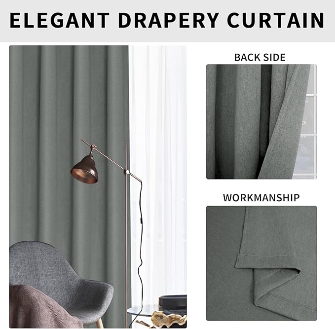 Easy-Going Linen Look Blackout Curtain Grommet Window Curtain Drapes for Bedroom, Living Room Thermal Insulated Room Darkening (2 Panels, 38x45 Inch, Grey)