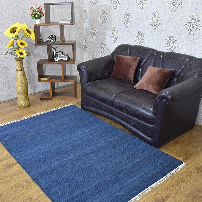 Rugsotic Carpets Hand Woven Flat Weave Kilim Wool 4'x6' Area Rug Solid Blue D00111