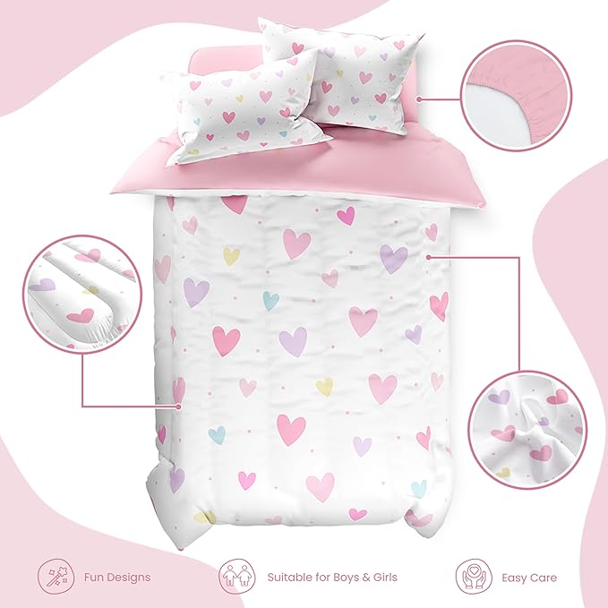 SANDJEST Heart Comforter Set Full Size 98x86in for Kids Girls, Microfiber 4 Pcs Bedding Set Includes 1 Comforter, 2 Pillowcases, 1 Fitted Sheet, Nursery Room Decor