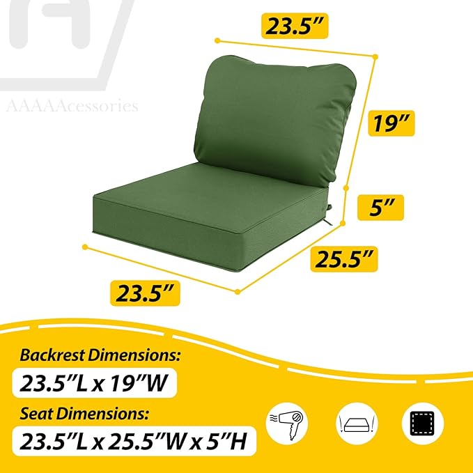 AAAAAcessories Outdoor Deep Seat Cushions, Waterproof, Fade-Resistant Patio Furniture Replacement Cushions, 23.5" x 25.5" x 5" + 23.5" x 19", Dark Moss Green