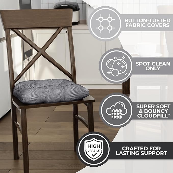 Klear Vu Gripper Overstuffed Universal Non-Slip Dining Chair Cushions for Kitchen Decor or Office Use, U-Shaped Skid-Proof Seat Pad, 17x17 Inches, 2 Count (Pack of 1), Linear Bluestone