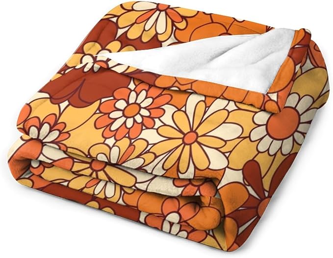 Vintage 70s Throw Blanket, Boho Hippie Bright Orange Flowers Groovy Abstract Funny Art Print Blanket for Couch Sofa Bed 40"x50"