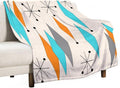 Mid Century Flannel Throw Blankets, Mid Century Modern Geometric Atomic Shapes Orange Retro Style Boho Print Blanket for Bed Couch Sofa Fuzzy Tv Throws 50"x60"