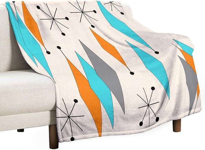 Mid Century Flannel Throw Blankets, Mid Century Modern Geometric Atomic Shapes Orange Retro Style Boho Print Blanket for Bed Couch Sofa Fuzzy Tv Throws 50"x60"