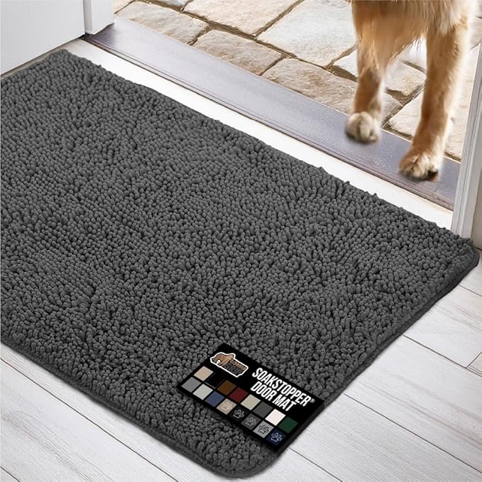 GORILLA GRIP SOAKSTOPPER Dog Door Mat, Machine Washable Rug Absorbent Doormat Captures Moisture Mud Dirt, Quick Dry Soft Chenille Entryway Rugs Indoor Entrance Mats for Dog Paws, 24x17 Charcoal