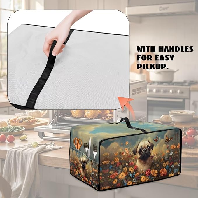 Cute Pug Dog Floral Butterfly Print Microwave Oven Dust Cover Dust Cover for Microwave Oven Universal Foldable Small Appliance Dust Covers Dirt and Fingerprint Protection, S