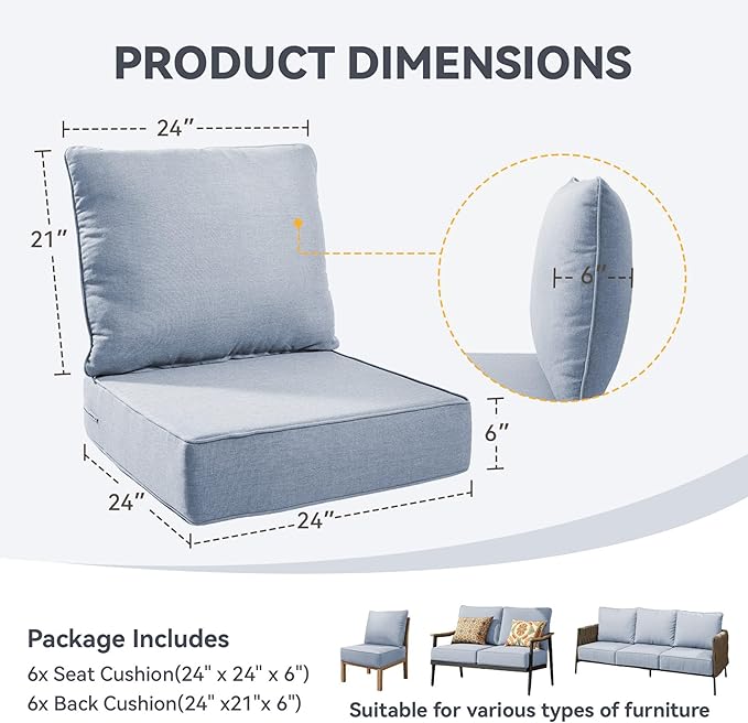 Outdoor Cushion Set for Furniture Patio Furniture, UV Resistant, Water Resistant - 6 Inch Thick Foam Garden Cushions– 24x24 Inch Patio Seat Covers for Chair/Sofa/Couch | Baby Blue | 6-Pack |