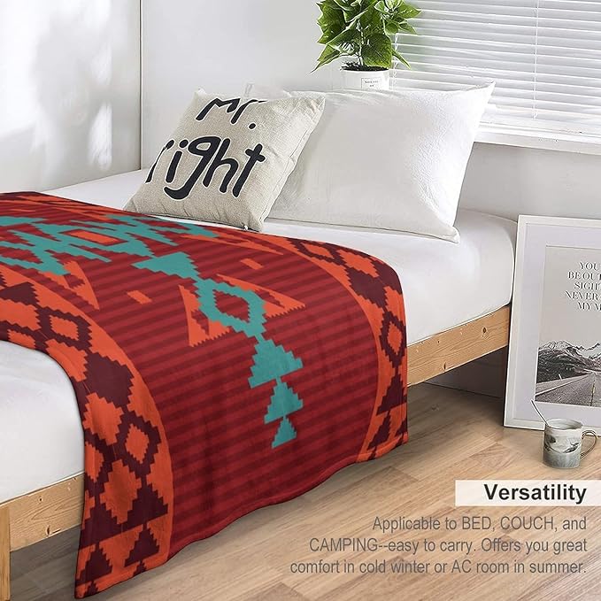 Aztec Throw Blanket, Red Native Southwestern Boho Blanket for Couch Bed Chair Outdoor Travel 60"x80"