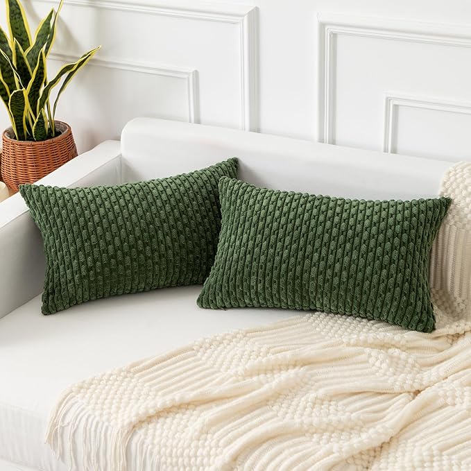 Kevin Textile 12x24 Inch Pillow Cover 1 Pack Boho Decorative Soft Striped Corduroy Lumbar Farmhouse Solid Color Accent Rectangle Cushion Case for Living Room Couch Sofa Bed, Moss Green