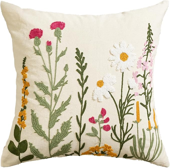 AVOIN colorlife Holiday Floral Embroidered Decorative Throw Pillow Cover, 18 x 18 Inch Daisy Colorful Flowers Tufted Patterned Linen Cushion Case for Bedroom Living Room Sofa Couch