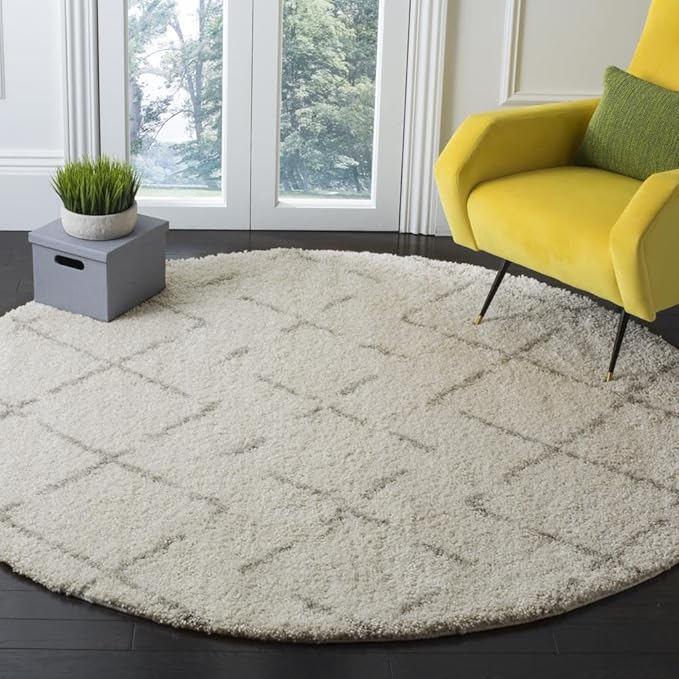 SAFAVIEH Arizona Shag Collection Area Rug - 3'2" Round, Ivory & Beige, Moroccan Boho Design, Non-Shedding & Easy to Clean, Ideal for Living Room, Bedroom, Dining Space (ASG743A)
