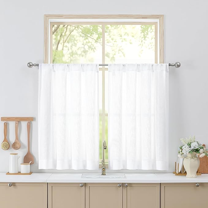 Simplebrand White Short Faux Linen Textured Cafe Kitchen Curtains 36 Inch Length 2 Panels, Over Sink Semi Sheer Farmhouse Light Filtering Panels Rod Pocket Drapes for Bathroom Window, 40 x 36 Inch