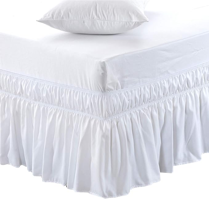 MEILA Wrap Around Bed Skirt Three Fabric Sides Elastic Dust Ruffled 24 Inch Tailored Drop,Easy to Install Fade Resistant-White, Queen/King