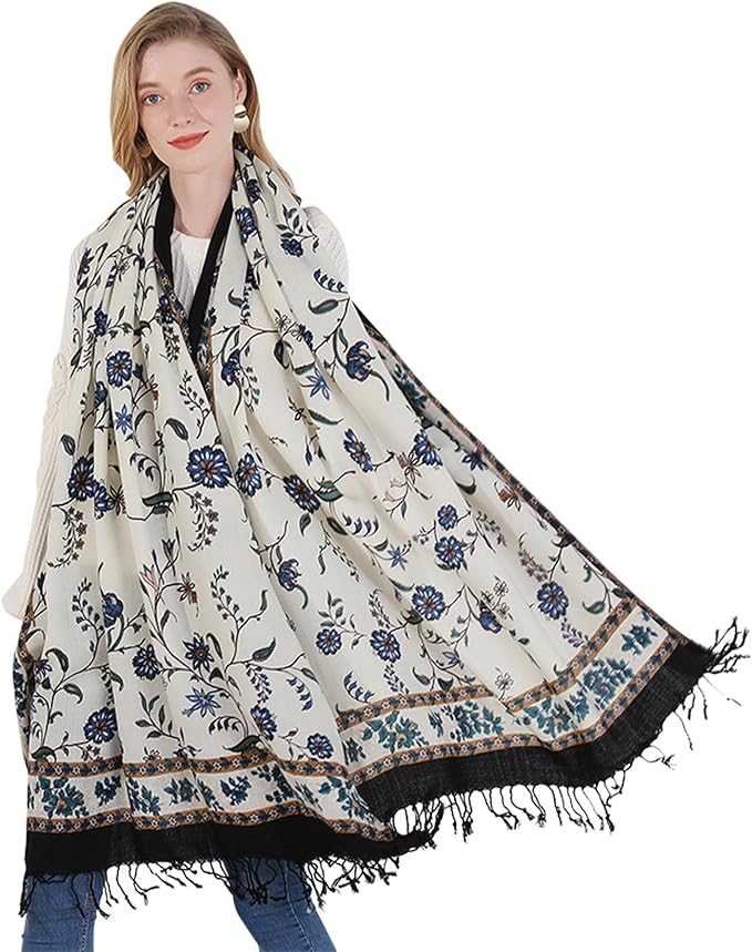 DANA XU 100% Merino Wool Pashmina Shawl for Women 96"x43", Oversized Cashmere Wrap with Tassels, Floral Travel Blanket Cape