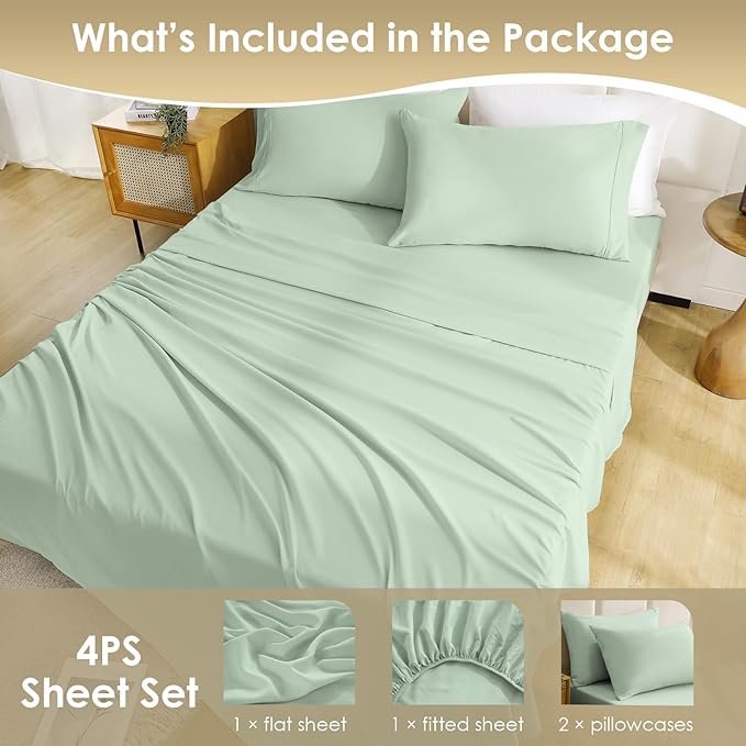 Silky Soft Queen Size Sheet Set - Luxury 4 Piece Breathable Cooling Sheets for Queen Size Bed, 16" Deep Pocket Easy Care Wrinkle Free Bedding Sheet and Pillowcase Set, Sage Green