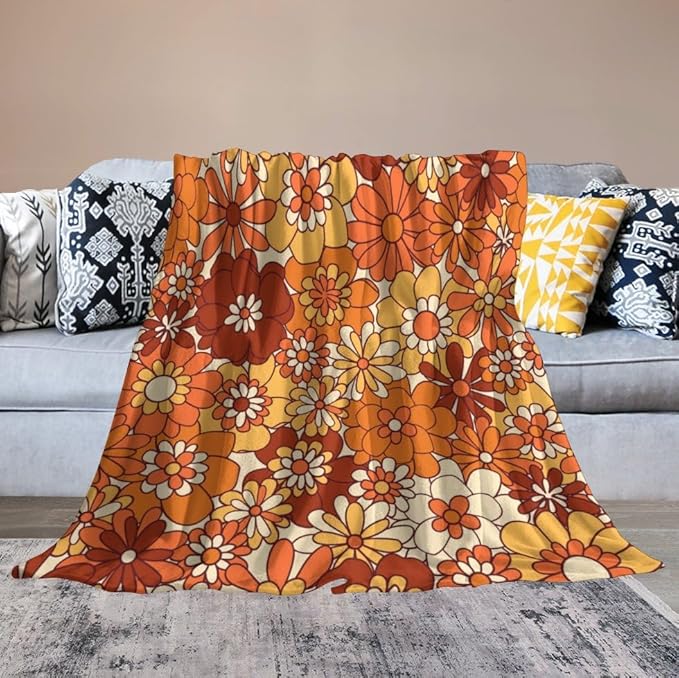 Vintage 70s Throw Blanket, Boho Hippie Bright Orange Flowers Groovy Abstract Funny Art Print Blanket for Couch Sofa Bed 60"x80"