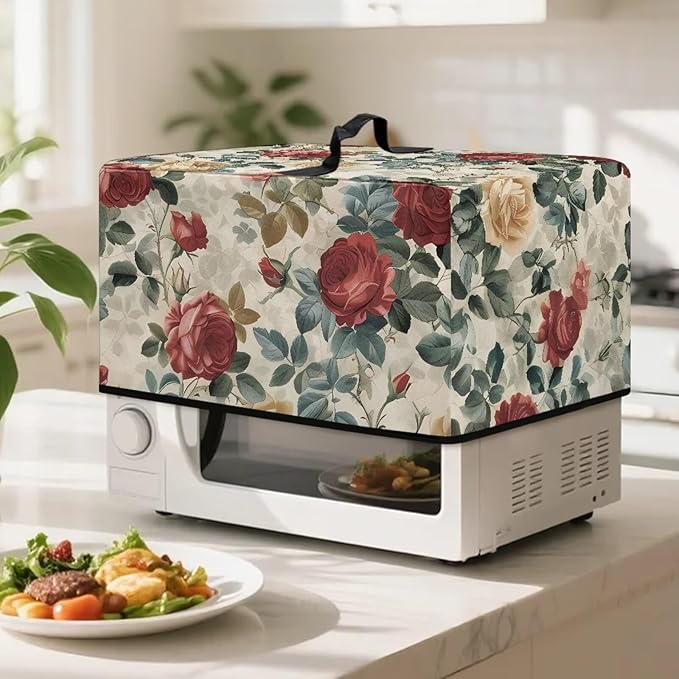 Microwave Oven Dust Cover, Rose Design Washable Protective Dust Cover for Microwave Oven Multifunction Greaseproof Covers Kitchen Protector Kitchen Accessories for Microwaves Ovens