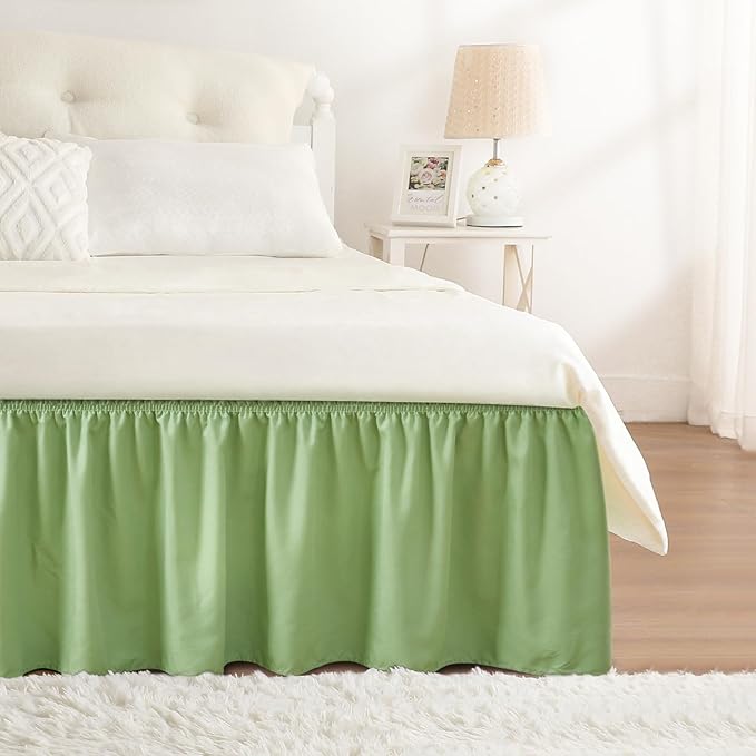 RIMELA Light Green Bed Skirt Twin Size 15 Inch Drop, Elastic Bed Skirting, Bedding Dust Ruffle Easy to Install, Hotel Quality Wrap Around Bedskirt, Bedroom Decor