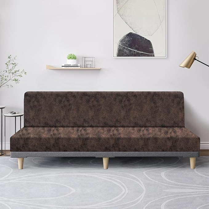 molasofa Leather Like Stretch Futon Slipcover Armless Futon Bed Sofa Cover Furniture Protector with Elastic Bottom, Soft and Washable Futon Cover for Sofa Bed Stay in Place（X Larger，Beige）