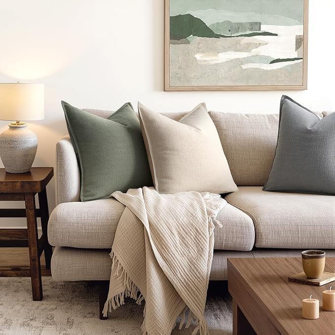 MIULEE Decorative Euro Sham Pillow Covers 24x24, 2 Pack Large Boho Farmhouse Neutral Throw Pillows for Bed, Thick Textured Modern Linen Cushion Cases Couch Sofa Living Room Home Decor, Olive Green