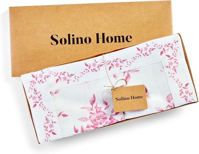 Solino Home Pink Floral Print Table Runner 72 Inches Long - 100% Pure Linen Table Runner 14 x 72 Inch - Handcrafted and Machine Washable - Jolie Fleur Print