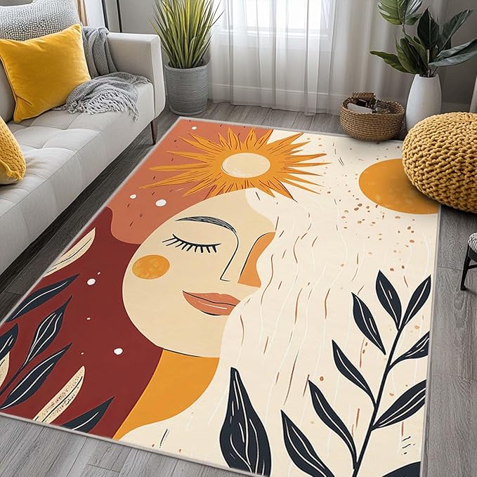 6x9 Sun and Moon Area Rug Beige Yellow Rug Non Slip Low Pile Large Carpet for Home Kitchen Living Room Bedroom Dining Room Office