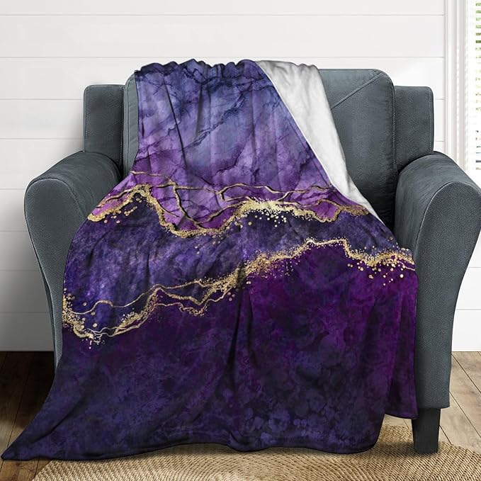 Modern Marble Blanket, Abstract Luxury Baroque Art Golden Purple Stone Veins Pattern Soft Warm Cozy Plush Flannel Covers for Livingroom Bedroom Couch Chair Camping Travel Home Decor Tapestry 30x40in