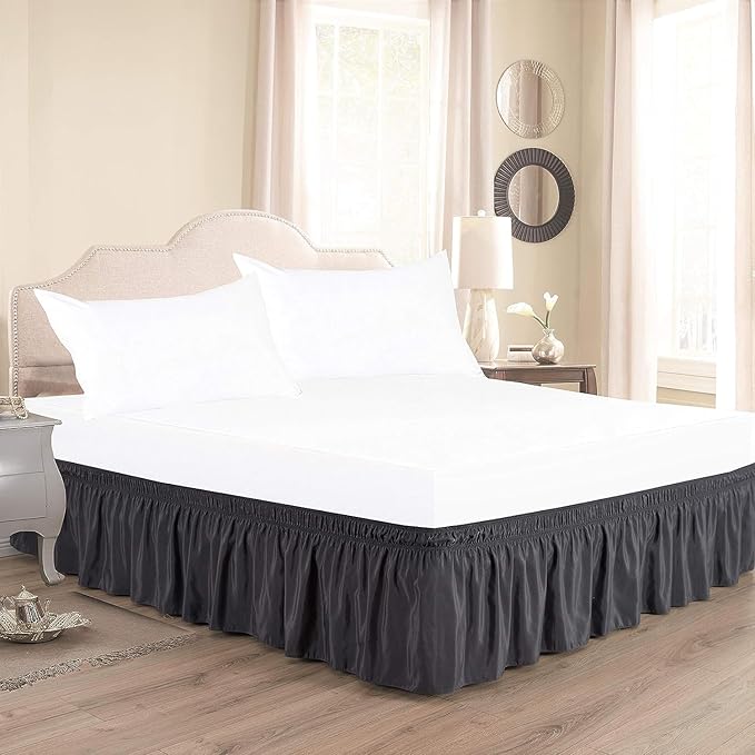 Dark Grey Wrap Around Bed Skirts with 16" Drop - Three Sides Fabric Adjustable Elastic Dust Ruffle Silky Soft -600 TC Stretchy Bed Skirt-Full(54"X 75") Dark Grey