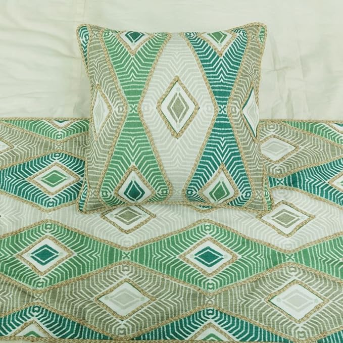 The HomeCentric King/Queen/Twin Green Designer Queen 74"x18" Bed Runner with Pillow Cover, Aztec, Jute Embroidery, Quilted, Tassels, Jute, Moroccan & Tribal Bed Scarf on Cotton Fabric - Chantico