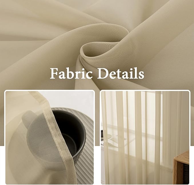 MIULEE Beige Window Sheer Curtains for Bedroom Living Room Solid Elegant Net Drapes 2 Panels Width 38 x Length 63 Inches
